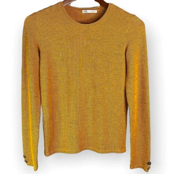 ZARA Ribbed Top Mustard Navy Ribbed Stretch Long Sleeve Textured Crew S - Picture 2 of 11